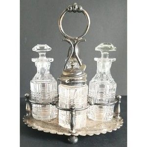 Vintage Nickel silver Condiment Set Etched Scalloped footed Numbered Rare